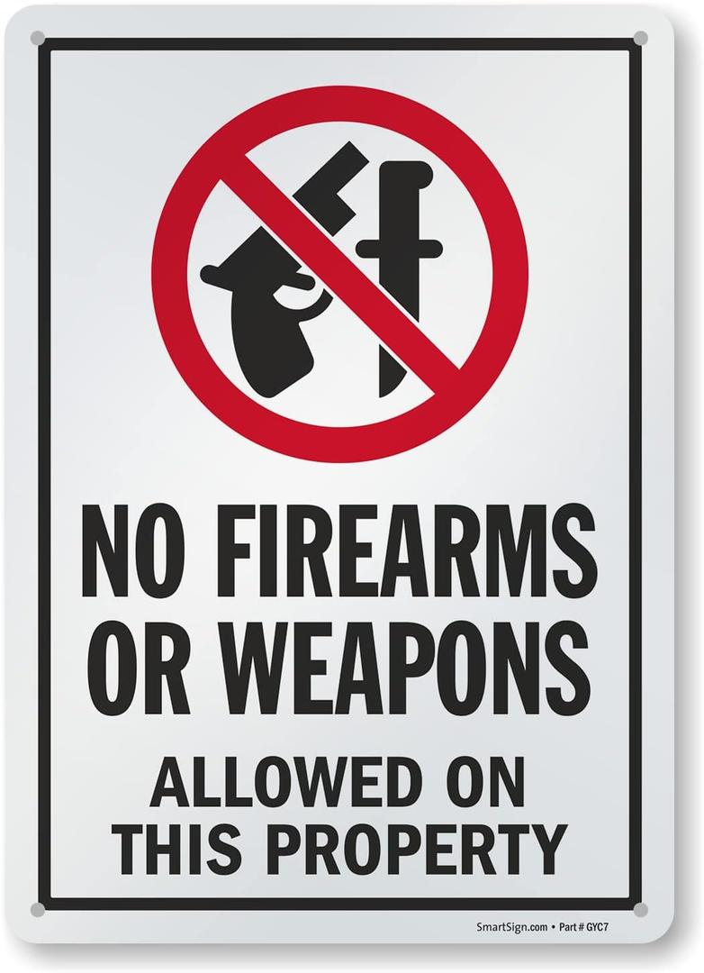 SmartSign 14 x 10 inch No Firearms Or Weapons Allowed On This Property Metal Sign, 40 mil Laminated Rustproof Aluminum, Red, Black and White, Made in USA