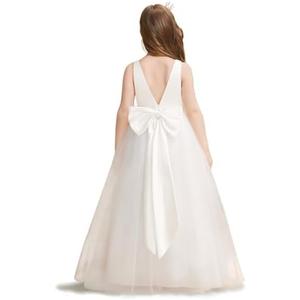 GELOMARI Satin Flower Girl Dress V-Back First Communion Girls Dresses White Maxi Ball Gown for Wedding Party with Bow-Knot Size 160