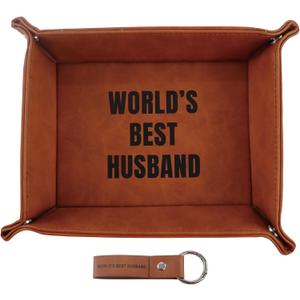 Fathers Day Presents for World's Best Husband from Wife, Funny Personalized Anniversary Birthday Gift for Men Him, Unique Cool PU Leather Valet Tray and Keychain Romantic Gift Ideas for Valentines Day