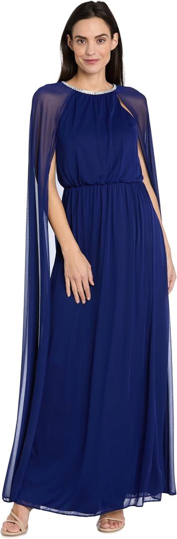 R&M Richards Women's Chiffon Maxi Dress - Blouson Waist Goddess Gown W/Rhinestone Trim & Sheer Draping Cape Sleeves (Blue), Size 22W