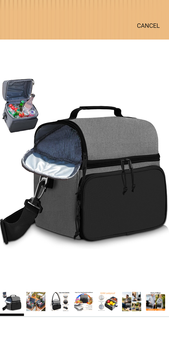 Insulated Lunch Box Dual Compartment Lunch Bag Leakproof Cooler for Men Women with Adjustable Strap,for Work, Picnic, Beach, Camping, Travel（Black Grey-12L）