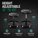 SATA Adjustable Rolling Shop Stool with Wheels, Heavy Duty 300 lbs Capacity Mechanics Chair, Rolling Garage Stool for Seated Work, 385mm Seat, 390mm Height