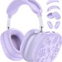 [4 in 1] Flower Engraved Silicone Case Cover for AirPods Max USB-C (2024), Anti-Scratch Sweat-Proof Ear Pad Case Cover/Ear Cups Cover/Headband Cover Accessories for AirPods Max Headphones (Purple)