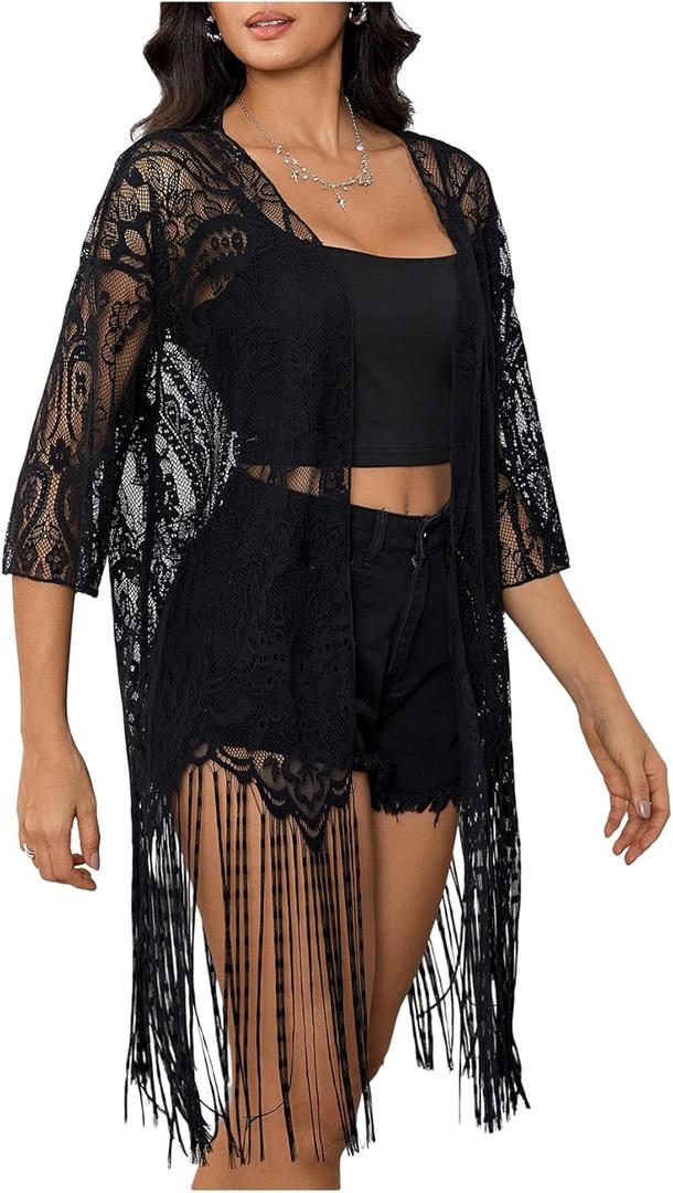 MakeMeChic Women's Lace Sheer Fringe Kimono Hollow Out Top Open Front Long Sleeve Beach Cover Up (Large, Black)