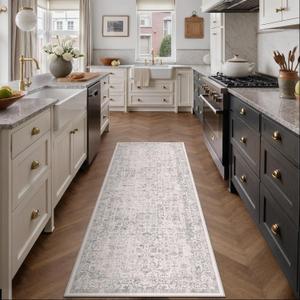 Gray Runner Rug 2'6"x8' Washable Carpet for Hallway Kitchen Vintage Distressed Non Slip Indoor Grey Retro Floral Bedroom Accent Throw Long Rug Bathroom Office Laundry Dining Living Room