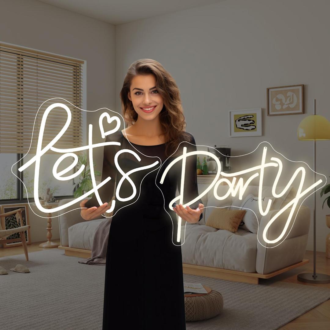 Super Large Let's Party Neon Sign for Bedroom Wall Super Neon Sign for Wall Decor for Bachelorette Party, Engagement Party, Birthday Party,Wedding Party Warm White, 39.85 inches X 14.79 inches