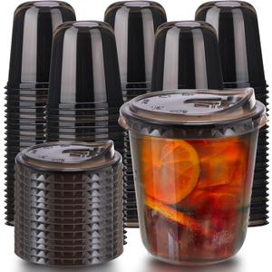 12oz Disposable Stemless Glasses With Strawless Sip Lids,PET Disposable Drinking Cups,Clear Plastic Wine Glasses for Parties Birthday,Wedding,Meeting,Christmas Party Supplies. (100, Black)