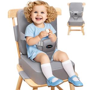 Toddler Booster Seat for Kitchen Chair with Removable Backrest & Adjustable Straps, PU Portable Waterproof & Non-Slip Booster Seat for Dining Table, Travel Child Eating Cushion-Light Grey