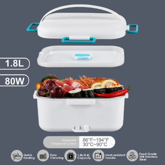 Compact 1.8L Electric Lunch Box Food Warmer, Adjustable Temperature Control 80W