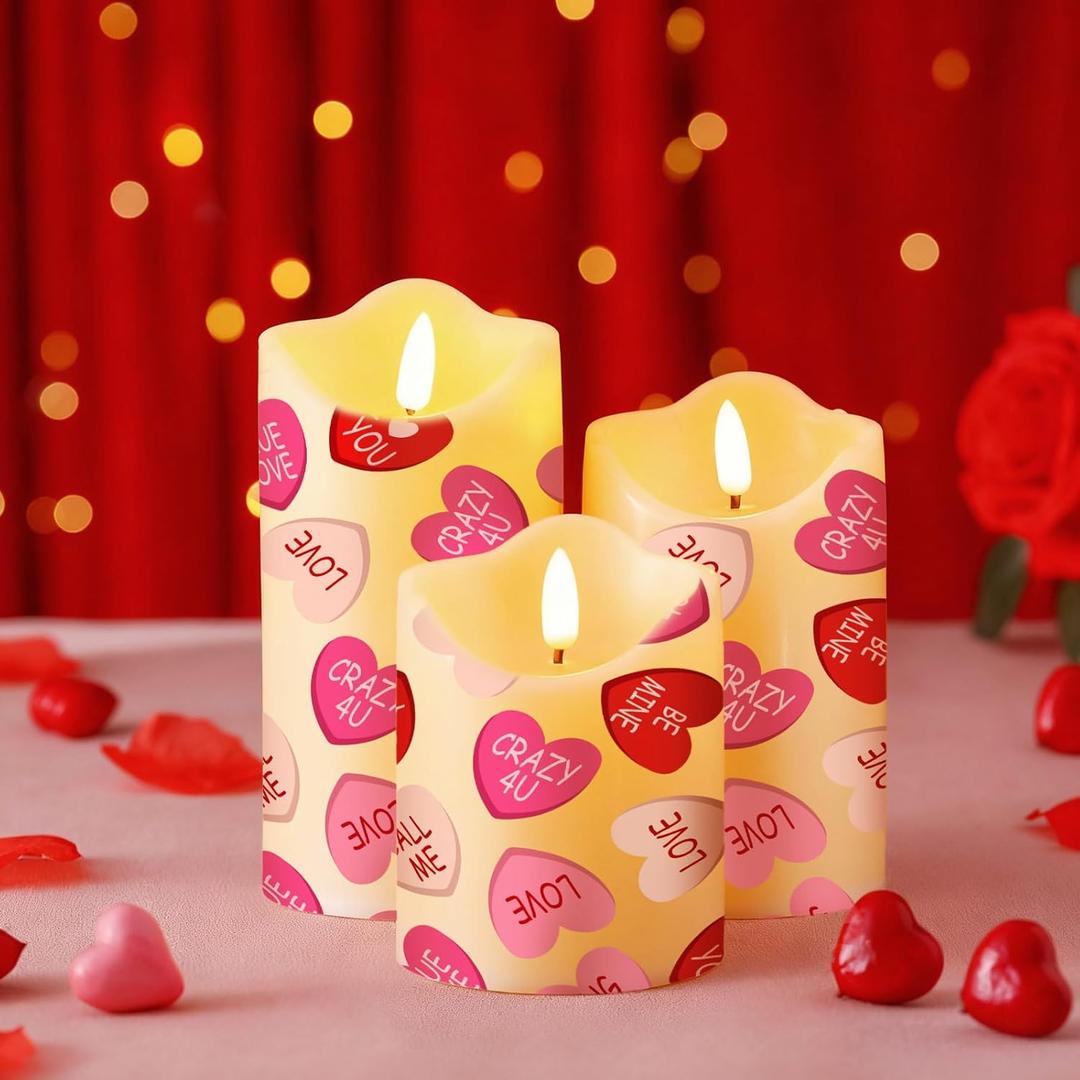Glooglitter 3 Pcs Valentine's Day Flameless LED Candles Romantic Heart Battery Operated LED Pillar Candles for Valentine's Day Proposal Anniversary Decor Wedding Party(Pink Ture Love Heart)