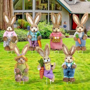 7 Pack Easter Bunny Decorations Outdoor Vintage Bunny Yard Signs Stake 15.7" Sisal Rabbit Easter Decor for Spring Garden Lawn Egg Hunt Party Decor
