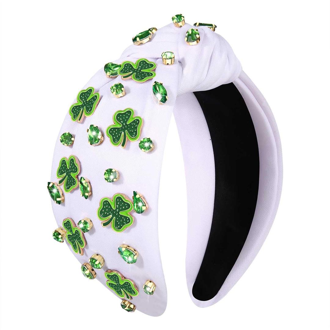YAHPERN St. Patricks Day Headband for Women Good Luck Shamrock Knotted Green Crystal Wide Top Knot Headband Lucky Irish Holiday St. Patricks Day Hair Accessories Party Gifts (Shamrock 4)