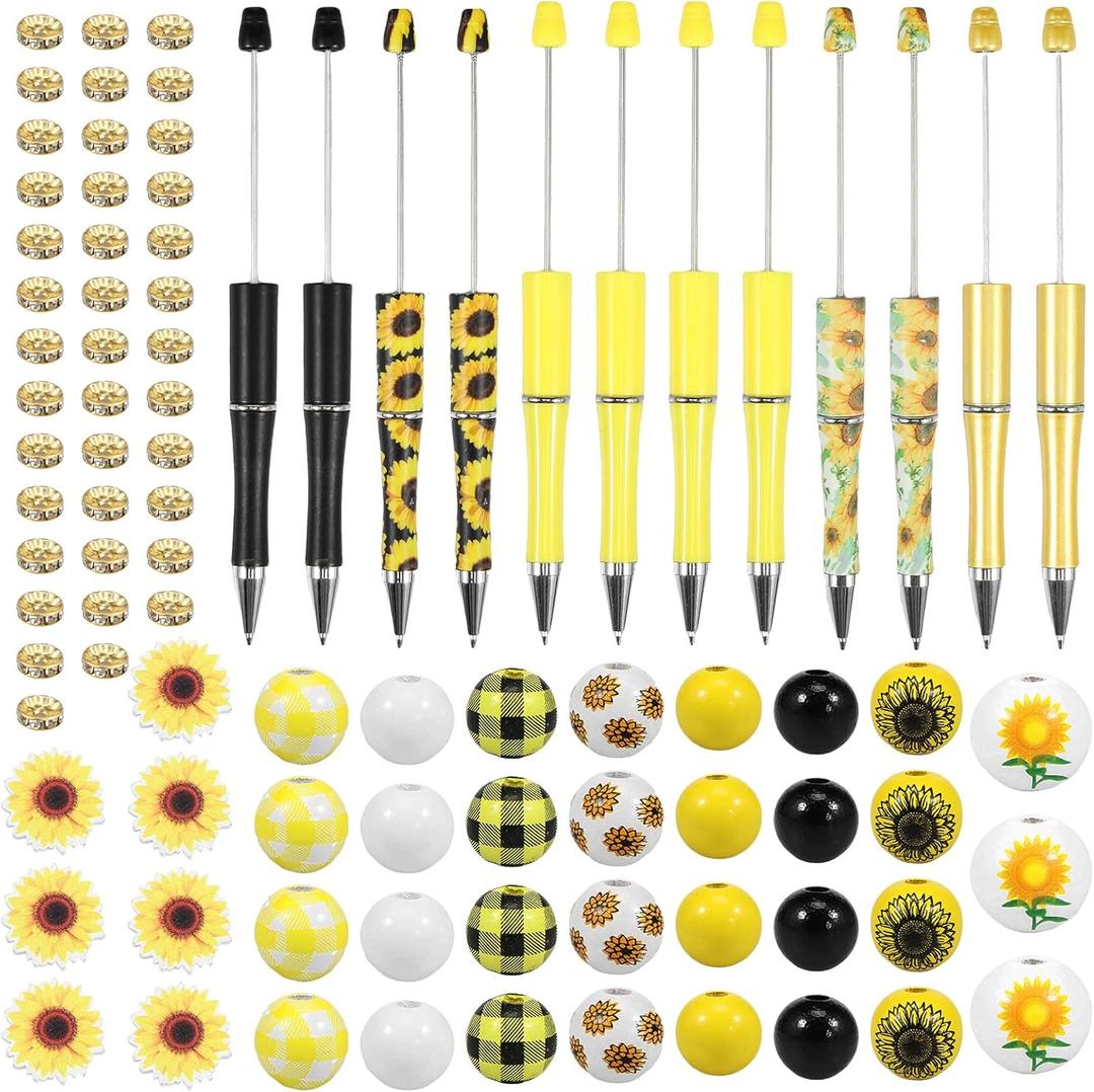12Pcs Beadable Pen Set, Assorted Plastic Bead Pens with Wood Beads and Spacer Beads DIY Black Ink Ballpoint Pen Sun Flower Bead Pens for Kids Office School Craft 14cm