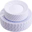U-QE 100 Pieces White Plastic Plates - Premium White Disposable Plates for Wedding and Party Use Including 50PCS 9 '' Dinner Plate & 50PCS 6.5 '' Dessert Plate
