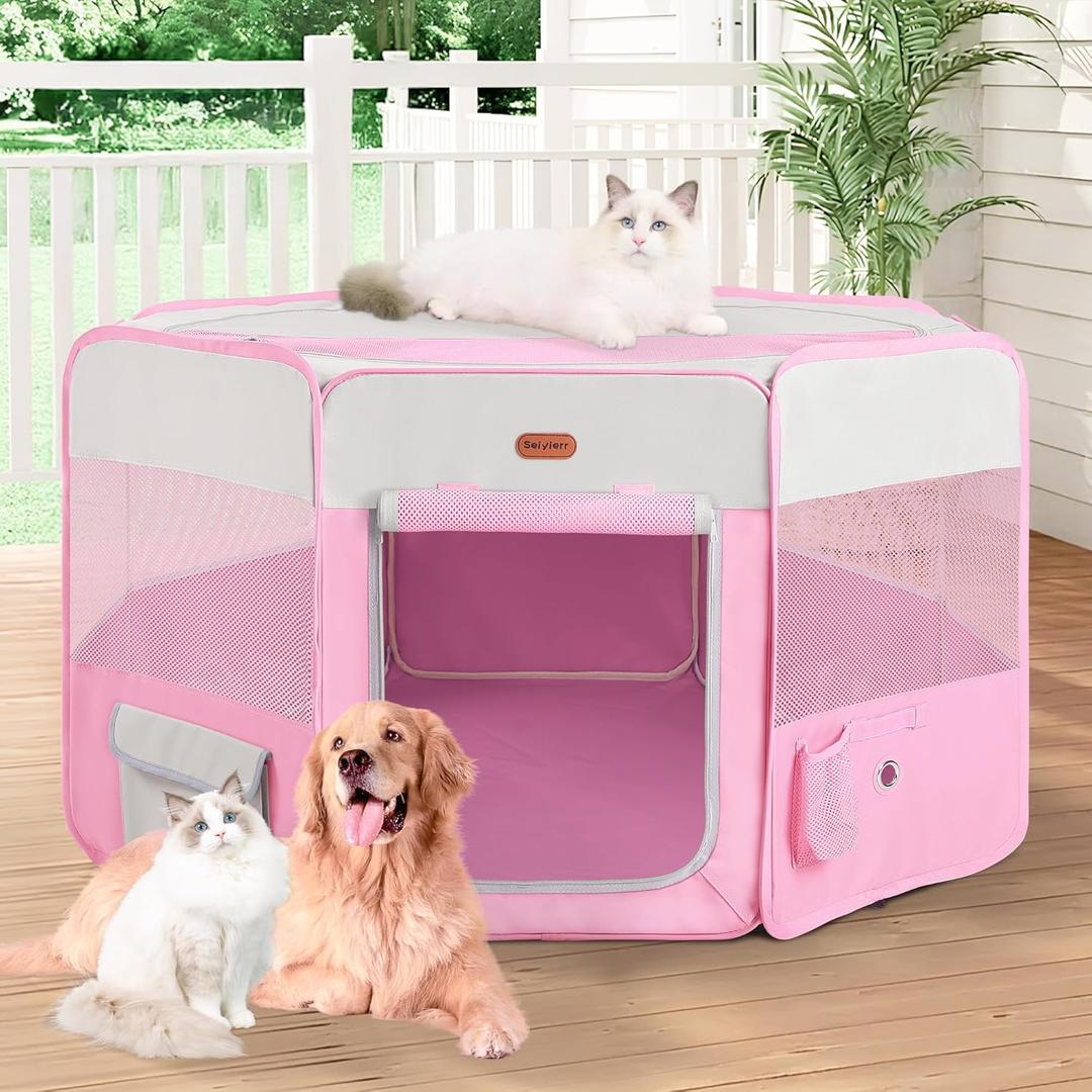 Dog Playpen, Portable Pet Play Pen Foldable Carrying Case, Puppy Pens Outsid for Small Cat Indoor/Outdoor, Removable Mesh Shade Cover (Pink)