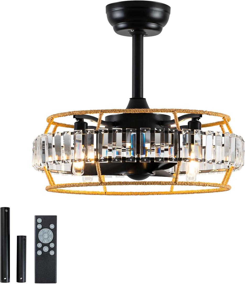 18 inch Caged Ceiling Fan with Light - Rustic Farmhouse Chandelier Ultra-Quiet Reversible Motor, 3 Speeds Remote Control, for Kitchen Living Room Nursery Bedroom Office (Color Crystal + Twine)