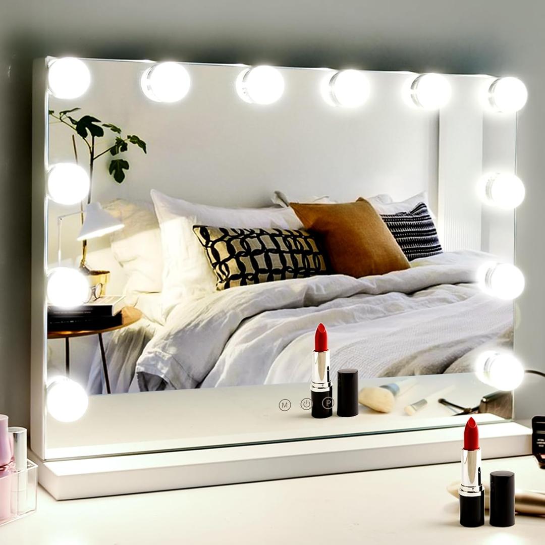 M MIVONDA Vanity Mirror with Lights, Lighted Makeup Hollywood Mirror with Dimmable 3 Color Lights LED Bulbs for Desk and Wall, Mirrors with Plug-in and USB Charger for Bedroom (20"x17")