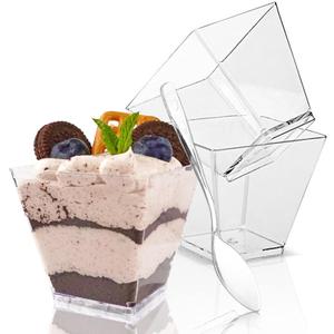 50 Pack 3.5 oz Square Dessert Cups with Spoons, Mini Plastic Parfait Appetizer Cups, Clear Reusable Small Shooter Cups, Serving Bowls for Tasting Party Samples Dessert Shot Glasses