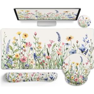 LIMKRIAN Flower Mouse Pad Set Large Desk Matt for Desktop, Ergonomic Mouse Pad with Wrist Rest, Gaming Wrist Support Keyboard Mat Cup Coaster Set Cute Office Desk Decor Accessories, Extended XX-Large