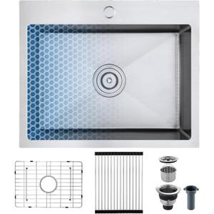 22x18x9 Inch Kitchen Sink, Handmade 304 Stainless Steel Single Bowl with a Hexagonal Pattern, R10 Tight Radius, Drop in Kitchen Sink with Strainer,Bottom Grid & Roll-up Rack