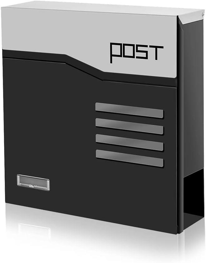 Mailbox Wall Mount,Large Capacity Locking Mailbox for Outside,Galvanized Steel Cover and Rust-Proof Metal Post Box with Newspaper Holder,14.6"x14.6"x4.3" Black,MD024G