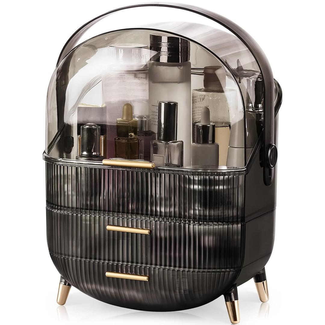 CANITORON Makeup Organizer,Large Capacity Skincare Organizer for Vanity,Cosmetic Organizer with 2 Drawers and Transparent Cover for Bedroom Countertop and Bathroom Countertop Storage.(Gray)