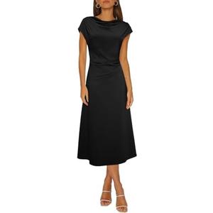 Happy Sailed Women's Spring Summer Short Sleeve Cowl Neck Ruched Waist Flowy A Line Midi Dresses Party Cocktail Dress, Size: XL