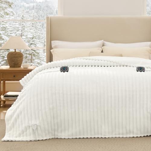 Bedsure Electric Blanket Queen Size - Thick Striped Flannel Electric Blanket with Dual Control, Heating with 10 Heat Settings & 10 Time Settings, 8 hrs Timer Auto Shut Off (84x90 inches, White)