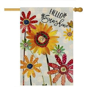 Summer Flowers House Flags for Outdoor, Hello Sunshine Sunflower Daisy Yard Flags for Outside,Seasonal Decorative Flag for Farmhouse Holiday Decoration 28x40 Inch Double Sided