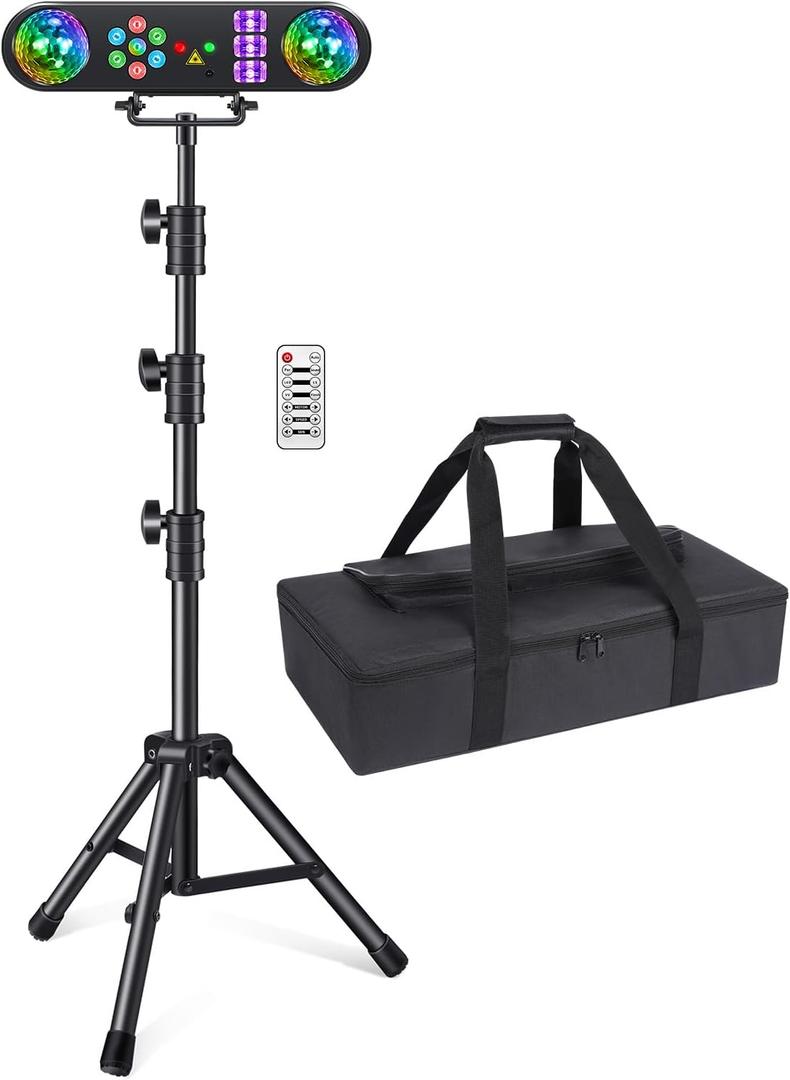Telbum DJ Lights with Stand, 5 in 1 LED Party Bar Light Sound Activated DJ Stage Light Package, Rotating Disco Ball,Multiple Pattern Effect,UV & Strobe,Indoor for Wedding Gig Live Band Club Show Event