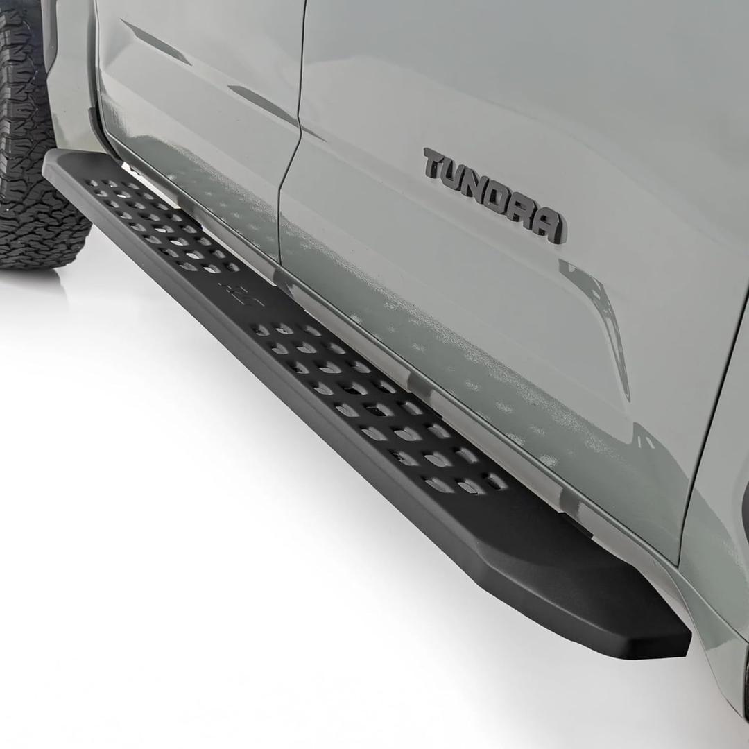 Rough Country RPT2 Running Boards for Toyota Tundra (20222026)  Fits Crew Cab 2WD/4WD, 6.75" Steel Side Steps, No-Drill Install, Matte Black Raptor-Style Rails