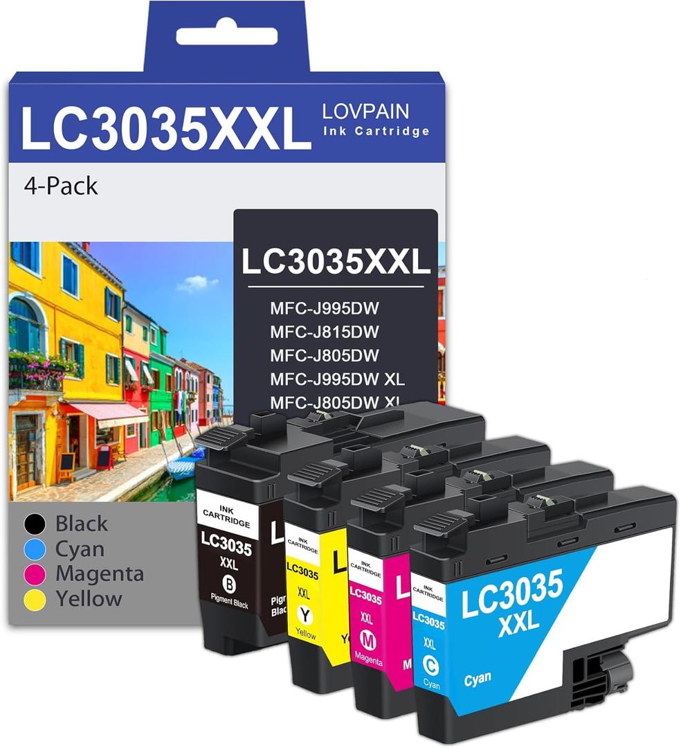 LC3035XXL Ultra High Yield Ink Cartridge Set (4-Pack, 1BK/1C/1M/1Y) Replacement for Brother LC3035 LC3033 BK/C/M/Y XXL Ink Cartridges Work for MFC-J995DW MFC-J805DW MFC-J815DW Printer