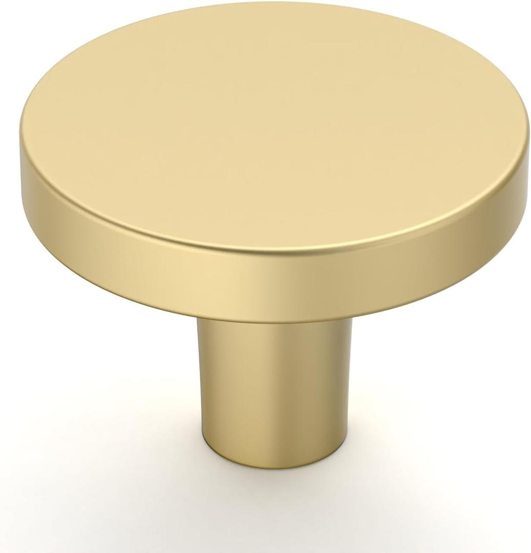 Amerdeco 10 Pack Brushed Gold Cabinet Knobs Single Hole Cabinet Pulls 1 Inch (30MM) Diameter Round Drawer Knobs and Pulls for Bathroom Cabinets K0021