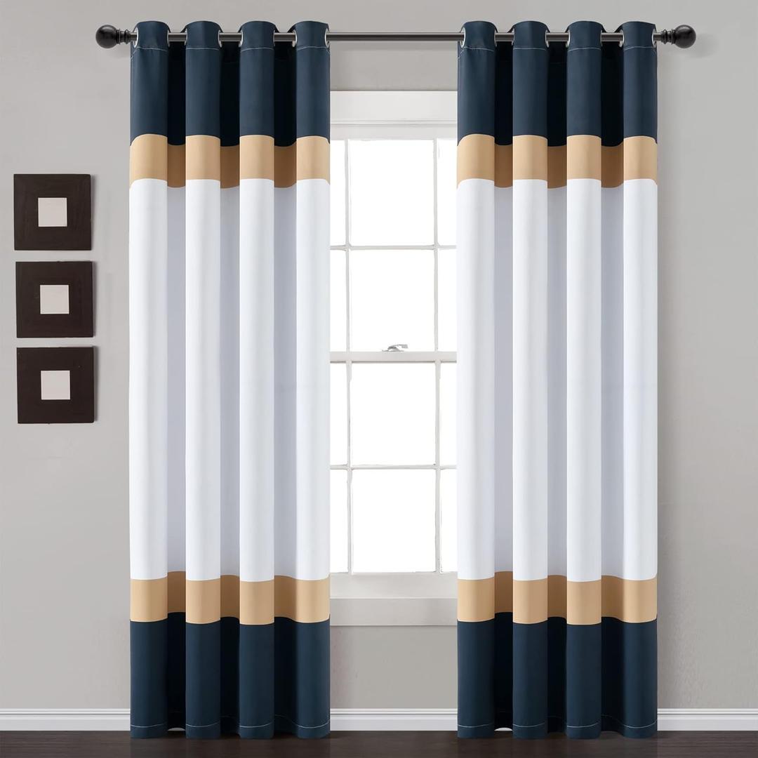 Lush Decor Alexander Color Block Light Filtering Window Curtain Panel Pair, 52"W x 84"L, Navy & Gold