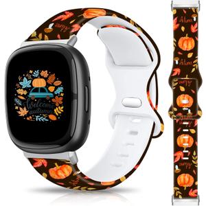 Christmas Halloween Thanksgiving Band Compatible with Fitbit Versa 3/Fitbit Versa 4/Fitbit Sense/ 2, Smartwatch Holiday Women Men Silicone Replacement Strap for Fitbit Versa 3/4, Fitbit Sense/ 2 (Pumpkin&Leaves)