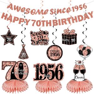 Kuxriox 11Pcs 70th Birthday Decorations Kit for Women, Rose Gold Happy 70th Birthday Banner, Awesome Since 1956 Centerpieces Swirls Party Supplies, Seventy Bday Banner Ceiling Table Topper Sign