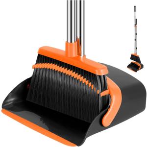 NACENA Broom and Dustpan Set, 52-in Long Adjustable Handle Broom Dustpan Combo with Dustpan Teeth to Automatically Clean Hair Suitable for Home Kitchen Office Hall Floor（Black&Orange）