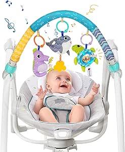 Bestcool Pram Toys for Babies, Clip on Activity Pram Arch Pushchair Toys with 3 Sensory Hanging Animals Rattle Music Squeak Crib Mobile Toys Baby Stroller Toy for Newborn Boys Girls Gift (Whale)