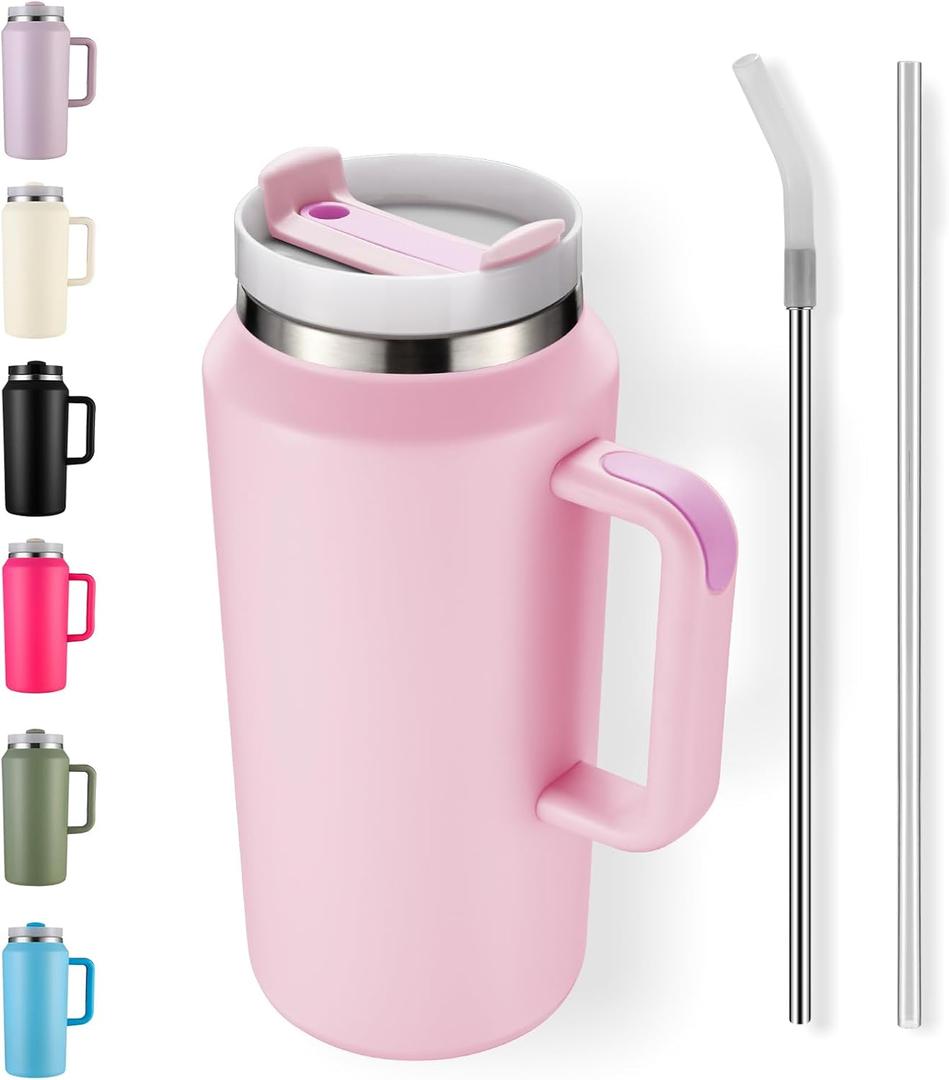 64oz Insulated Tumbler with Handle, Stainless Steel Double Wall Vacuumn Water Bottle, Lid and Straw for School, Gym, Hiking & Camping, Pink