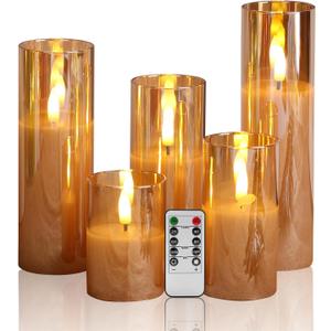 Eywamage 5 Pack Gold Glass Flameless Candles with Remote, Flickering Slim Tall LED Pillar Votive Candles Battery Included