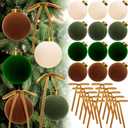Liliful 48 Pcs Green Brown Velvet Christmas Ornaments 24 Neutral Flocked Christmas Balls 3.15" and 24 Ribbon Bows 5 * 7" Shatterproof Xmas Tree Hanging Decoration for Holiday Mantle Home Indoor Decor