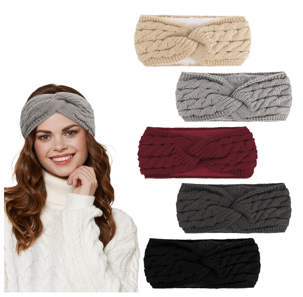 CAVETEE Winter Headbands for Women, 4 Pieces Ear Muffs Crochet Soft Lined Elastic Ear Warmers for Women Christmas Gift