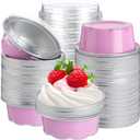 Eaasty 150 Pcs Baking Cups with Lids, 1.6 oz Muffin Cupcake Liners Aluminum Foil Mini Cake Pans Small Disposable Ramekins Flan Containers with Lids for Weddings, Birthday, Various Holiday (Pink)