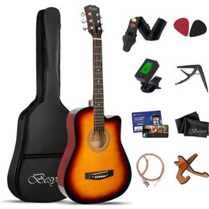 38 Inch Sunburst Acoustic Guitar Beginner Kits, 3/4 Cutaway Wood Acustica Guitarra for Beginners Adults with Online Lesson,Gig Bag,Picks,Steel Strings Strap with Picks Holder