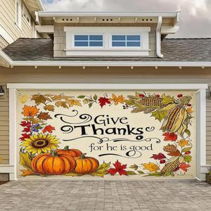 Thanksgiving Give Thanks Garage Door Banner 13x6ft Pumpkin Cornucopia Harvest Decor Outdoor Indoor Photo Background Mural Decorations Party Backdrop Fall Door Decor Celebration Banner