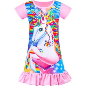 Kid Girls Nightgown Night Dress Unicorn Rainbow Princess Pajamas Sleepwear Nightie (Pink)