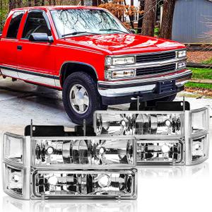 Headlights Assembly for 1994 1995 1996 1997 1998 OBS Chevy Silverado C/K 1500 2500 3500 Suburban, 1995-1999 Replacement Tahoe Headlamp w/Bumper Light,Chrome Housing Clear Reflector