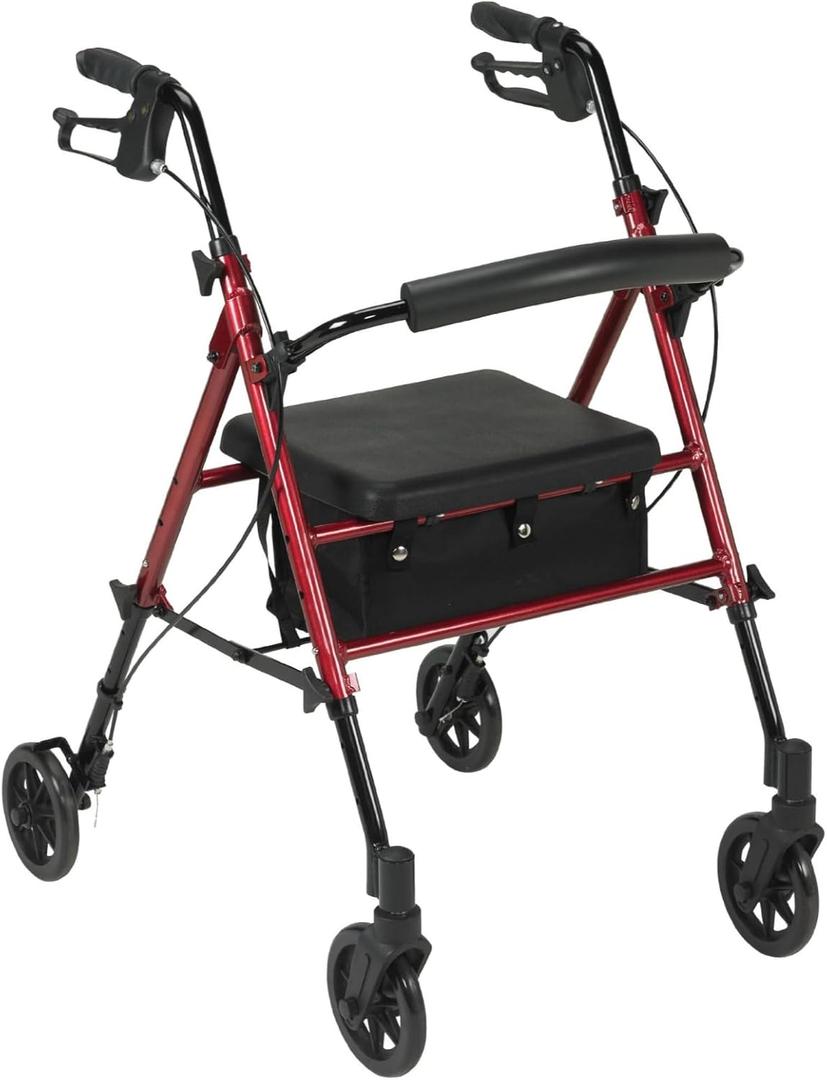 Drive Medical RTL10261RD Foldable Rollator Walker with Seat - Adjustable Handles and Seat, Red