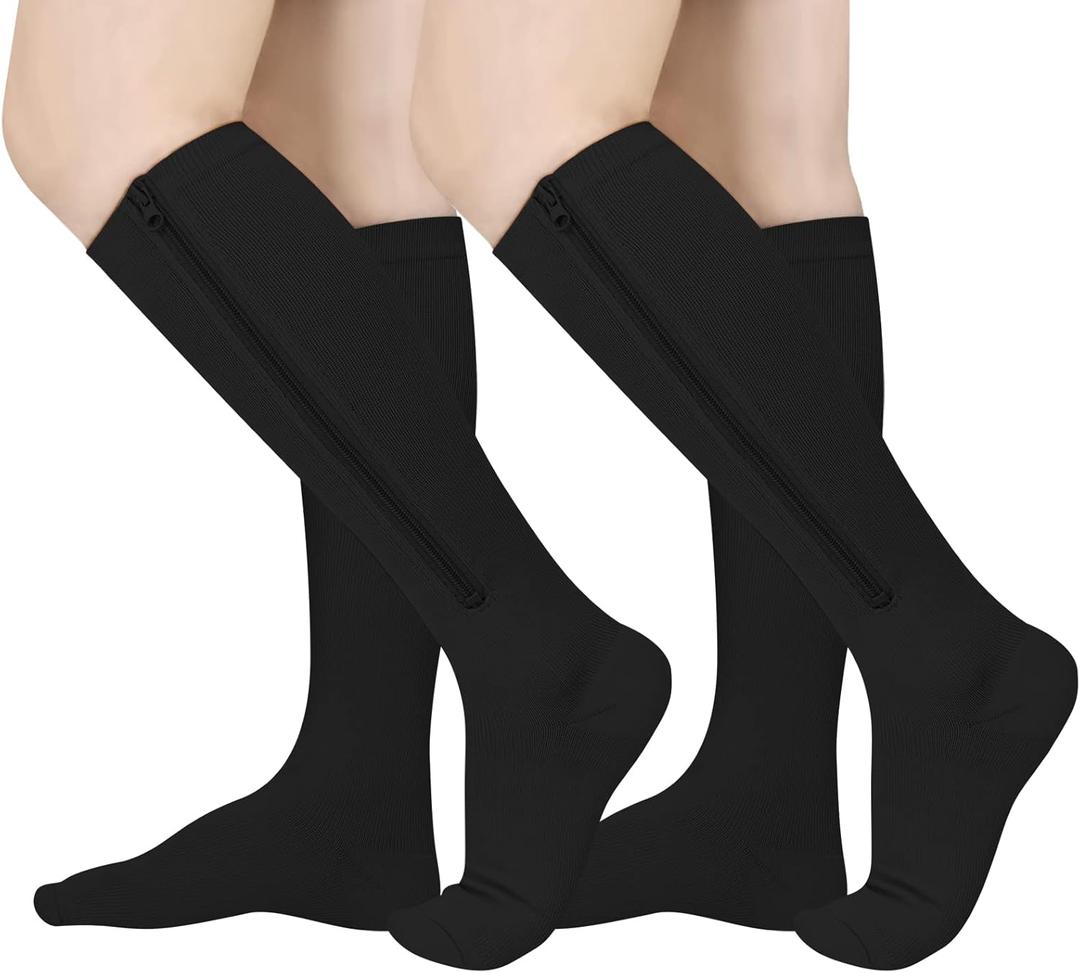 2 Pairs Zipper Compression Socks, 15-20 mmHg Closed Toe Compression Stocking with Zipper for Women and Men (Large-X-Large, Black)