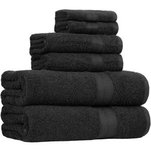 Amazon Basics 6-Piece Highly Absorbent Fade-Resistant Towel Set, 100% Cotton Towels for Bathroom, Soft, 2 Bath Towels, 2 Hand Towels, 2 Washcloths, Black